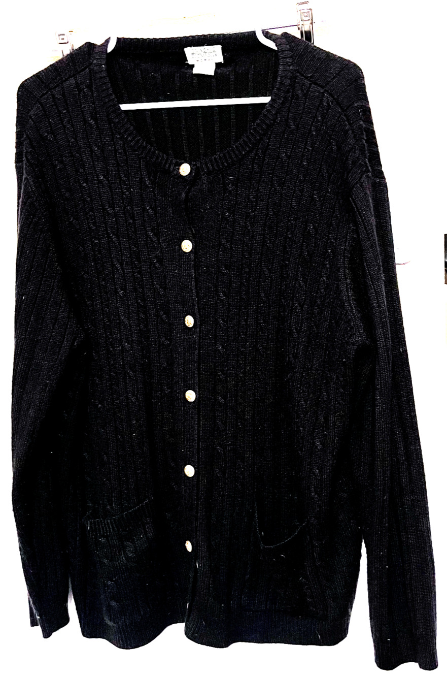 VTG Classic Elements cable knit cardigan Black w/ gold buttons pockets 20/22W